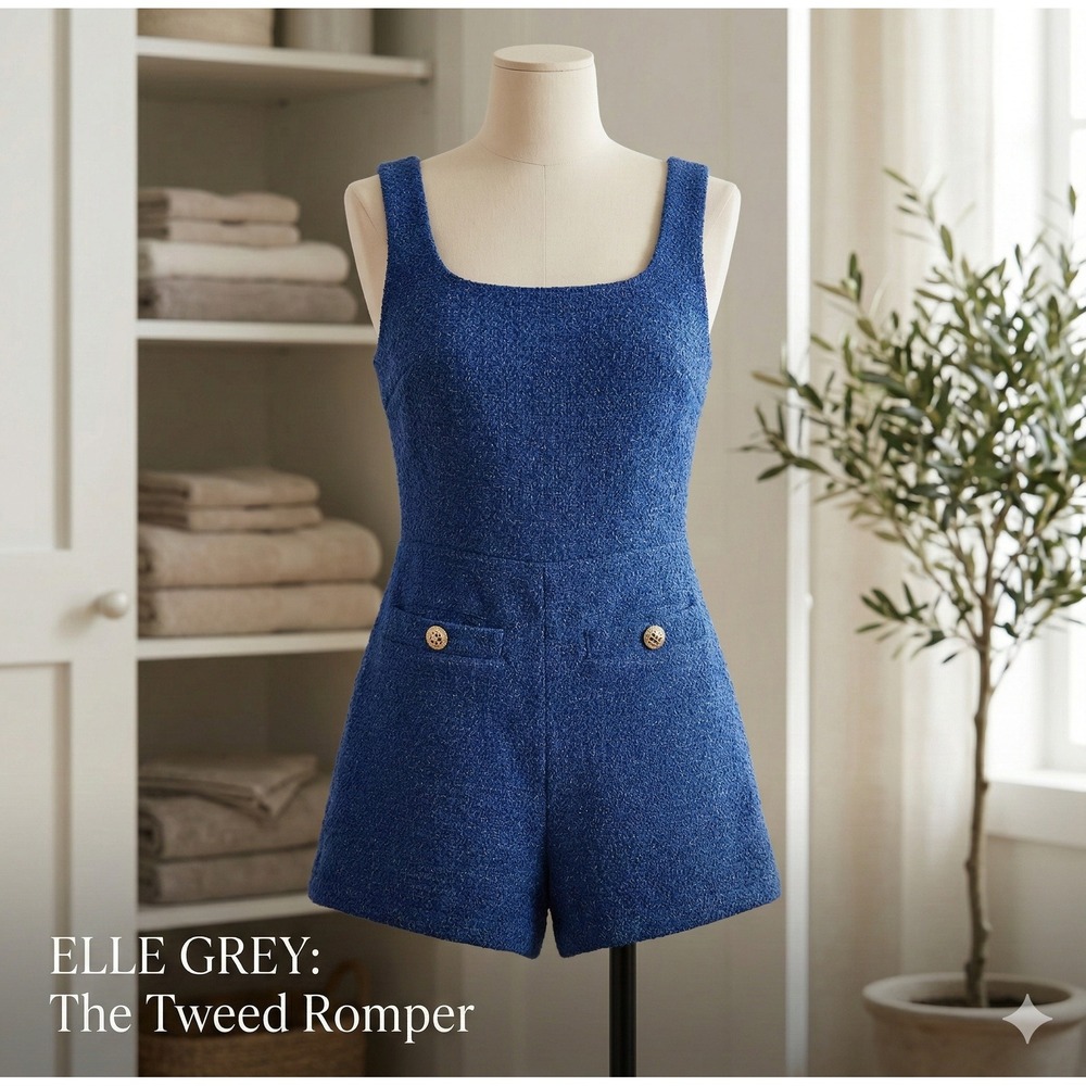 ELLE Grey Plaid Tweed Jumper Romper Women sz Small NWOT Preppy Academia - Picture 2 of 12